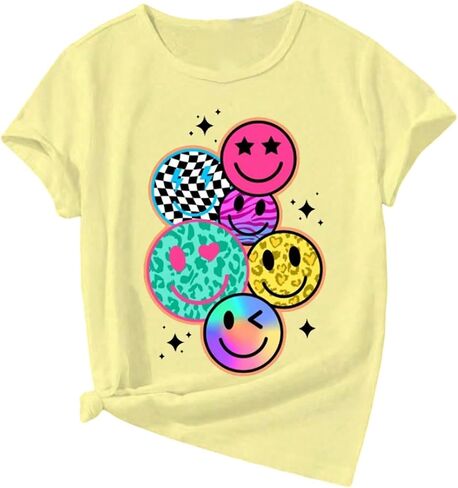 Floerns Girl's Smiling Face Graphic Crew Neck T Shirt Short Sleeve Casual Cute Tee Top in Saudi Arabia