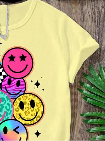 Floerns Girl's Smiling Face Graphic Crew Neck T Shirt Short Sleeve Casual Cute Tee Top in Saudi Arabia