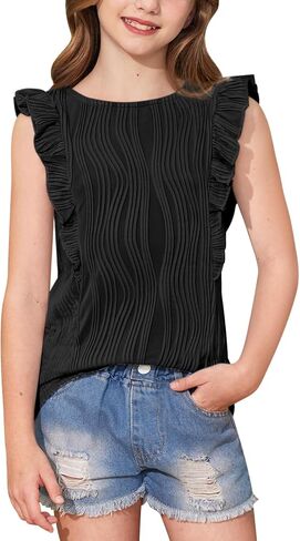 BesserBay Girls Ruffle Short Sleeve Top Textured Crew Neck Slim Summer Blouse 6-14 Years in Saudi Arabia