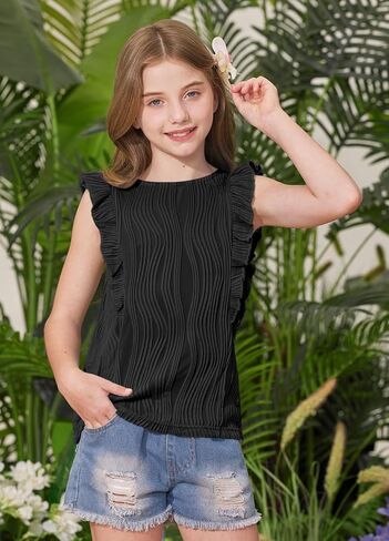 BesserBay Girls Ruffle Short Sleeve Top Textured Crew Neck Slim Summer Blouse 6-14 Years in Saudi Arabia
