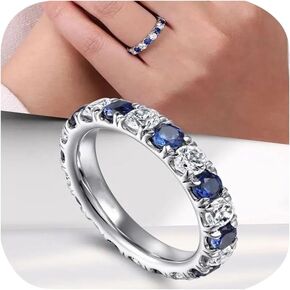 3mm Thin Band Eternity Rings 925 Sterling Silver White and Blue Created Sapphire Ring Cubic Zirconia Diamond Wedding Stackable Eternity Band for Women Bridal Anniversary Promise Everyday Ring 7#