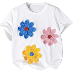 Girl's 3D Flower T-Shirt Crew Neck Shirt Short Sleeve Cute Tee Tops