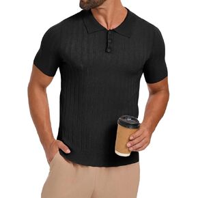 Les umes Mens Collared Shirts Short Sleeve Knitted Casual Polo Shirt V Neck Ribbed Soft Tees in Kuwait