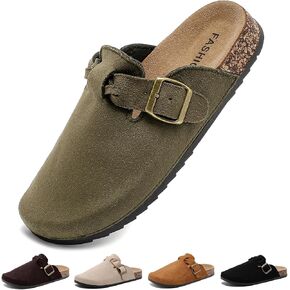 Suede Clogs for Women Men - Soft Cork Footbed Leather Mules with Arch Support, Adjustable Buckle Comfort Potato Shoes, Sandal Slippers