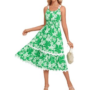 GRACE KARIN Womens 2025 Summer Floral Dress Casual Spaghetti Strap Flowy Outfit RIC Rac Trim Sundress Beach Midi Clothes