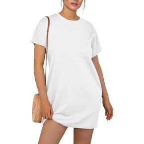 GRECERELLE Women's 2025 Casual Summer Shirt Dress Loose Round Neck Mini Wrinkle-Free Sundress with Pocket