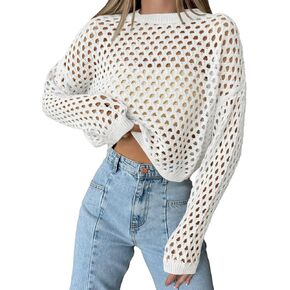Saodimallsu Womens Crochet Crop Tops Summer Long Sleeve Mesh Knit Beach Cover Up Hollow Out Crewneck Pullover Sweaters