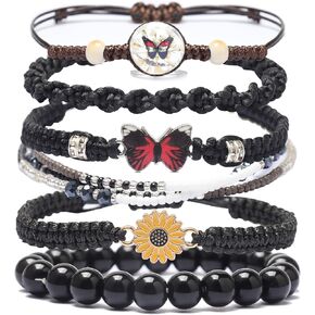 DS 6PCS String beads Charm Bracelets for Teen Girls Handmade Braided Rope Butterfly daisies Eternal flower Boho Surfer Bracelet for women Adjustable friendship Stretch birthday jewelry Gift Friends