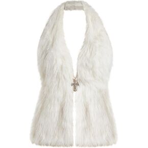 WDIRARA Women's Faux Fur Halter Vest Sleeveless Tie Backless Fuzzy Tank Top