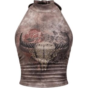 Soly Hux Women's Y2K Graphic Halter Tops Tie Tie Backless Rhinestone Ruched Crop Tank Top