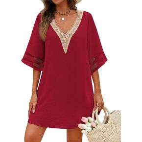 AI'MAGE Women's Swimsuit Cover Up 3/4 Bell Sleeve Loose Beachwear Deep V-Neck Bikini T-Shirt Beach Dress S-XXL
