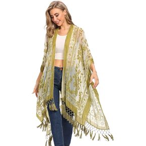 Wehello Women's Burnout Velvet Kimono Cardigan Cool مع Tassel (Martini)