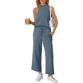 AUTOMET Womens 2 Piece Mock Neck Matching Summer Tracksuit Set Sleeveless Tank Top Wide Leg Crop Pant Sets