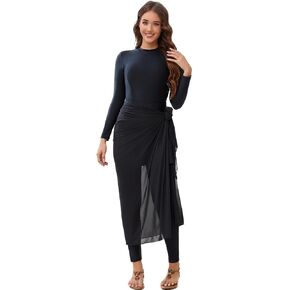 Idopip Muslim Burkini Swimsuit for Women One Piece Swimsuit مع تنورة شاطئية+تستر على Sarong+Pants+Hijab 5pcs بدلة السباحة