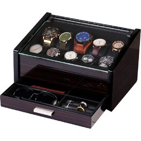 Woodronic Watch Organizer Case, 10 Slots Wood Watch Box Display Holder with Storage Drawer and Pillows, Glossy Finish, Glass Top and 2-Tiered Design, Gift for Men (Flat-top)