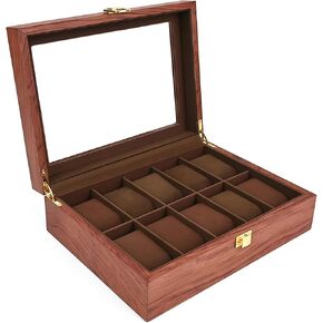 Watch Box Organizer for Men ， مع غطاء زجاجي يقدم 10 فتحات ومصنوعة من خشب الورد لتوفير حماية وعرض رائع لساعتك (بنية)