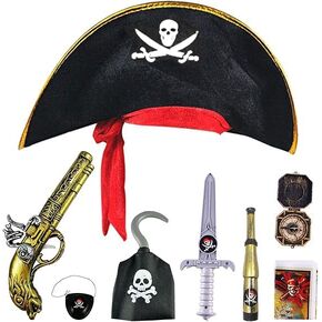 8 Pcs Kids' Pirate Party Set - Pirate Theme Dress Up Supplies with Hat, Sword, Pistol, Eye Patch, Telescope, Compass, Hook, Map