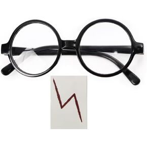 Round Wizard Glasses and Lightning Bolt Tattoos Wizard Costume Plastic Glasses For Dress Up