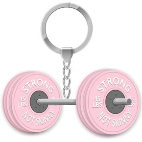 Mini Barbell Keychain - Strong Not Skinny | Fitness Weightlifting Gym Keyring Decoration Charm | Removable Weight Plates PINK