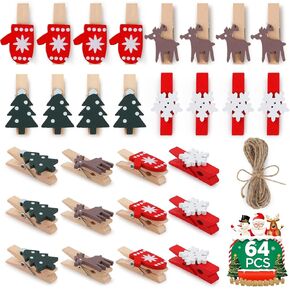 GeeRic Christmas Wooden Photo Clips, 60 Pcs Mini Clothespins, Small Craft Clothes Pin Tiny Wood Clips, Picture Display, Hanging Decorative Photo with 2 Meters Twine