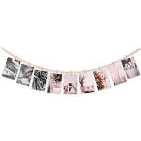 Hanging Photo Display Wall Decor with 9 Wood Clips, Boho Wooden Bead Hanging String Pictures Frame Collage Board, Multi Photo Wall Display for Bedroom Living Room Dorm Decor(Size:1 Pack)