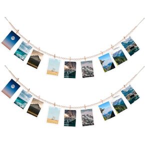 Simarro 2pcs Hanging Photo Display, 48.8in Long with 18 Clips DIY Boho Collage Picture Frame Photo Wooden Beads Garland Hanging Picture Holder for Dorm Classroom Bedroom