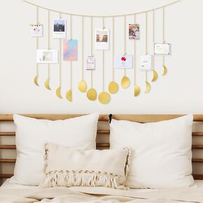 Moon Phase Wall Decor Hanging Photo Display Metal 36" Garland Boho Wall Hanging Art with 13 Phases Moon and 25 Wood Clips Aesthetic Celestial Decor for Bedroom Living Room Dorm