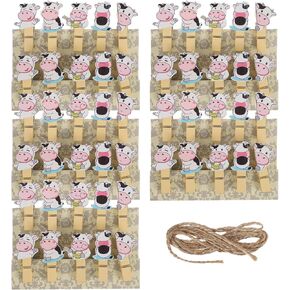 Kesyoo 50pcs clockespins mini cow على شكل دبابيس الورق الخشبية مقاطع صورة الأوتاد صورة مع حبل لالتقاط صورة بطاقة اسم ملاحظة اسم بطاقة اسم الملاحظة