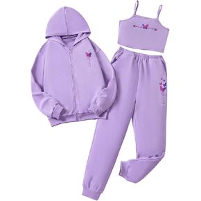 WDIRARA Girl's 3 Piece Set Butterfly Print Hoodie Sweatsuits Sweatpants Outfits