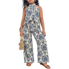 Girl's 2 Piece Boho Summer Outfits Floral Graphic Halter Tops and Wide Leg Beach Pants Sets