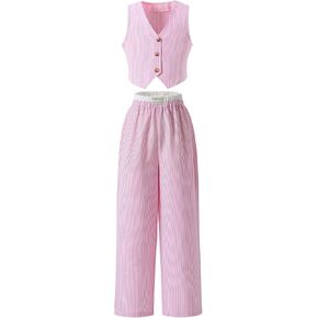 SweatyRocks Girl's Striped Button Down Vest Top and Wide Leg Pants 2 Piece Outfits