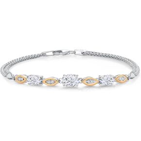Gem Stone King 925 Silver and 10K Yellow Gold White Moissanite and White Lab Grown Diamond Bracelet For Women (1.96 Cttw, Gemstone, Oval, Wheat Chain, 6.5/7/7.5 Inches)