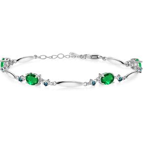 Gem Stone King 925 Sterling Silver Green Nano Emerald and Blue Diamond Tennis Bracelet For Women | 2.66 Cttw | Gemstone May Birthstone | Oval 7X5MM | 6 Inch + 1 Inch Extender
