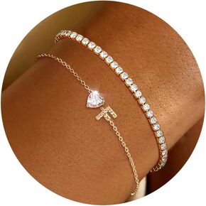 Gold Bracelets for Women Trendy Dainty 14K Gold Plated Layered Initial Tennis Bracelets for Women Non Tarnish A-Z Heart Letter Charm Gifts for Mom Best Friend