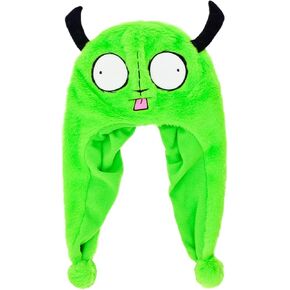 Invader Zim Beanie Hat, Gir Men's Cuffed Peruvian Winter Knit Cap with 3D Horns, Green, One Size
