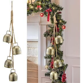 Minetom Rustic Style Gold Bells - Set of 4 Handmade Metal Harmony Sound Christmas Bells on Jute Rope, Perfect for Garland, Door Decoration