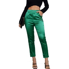 Women's Party Pants Shiny Sequin Club Dress Casual Slacks Elastic High Waist Satin Silky Trouser
