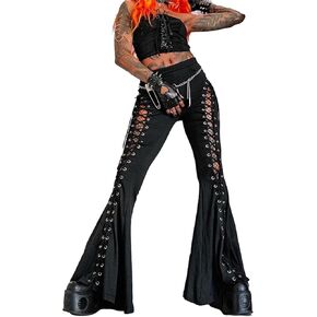 win2win Gothic Bell Bottom Pants for Woman Punk Elastic Waist Stretch Flare Rave