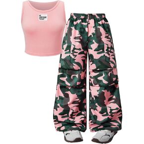 SweatyRocks Girl's Letter Print Tank Top and Wide Leg Camo Cargo Pants Set 2 Piece Outfits