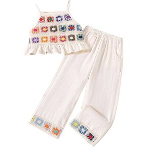 Floerns Toddler Girl's Crochet Knit Ruffle Hem Camisole Top and Pants Set Two Piece Outfit