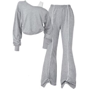 Girl's 2 Piece Outfits Cold Shoulder Long Sleeve Sweatshirt Pullovers and Flare Pants Clothing Set