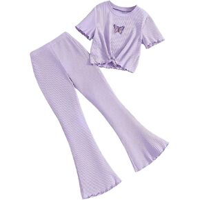 OYOANGLE Girl's 2 Piece Ribbed Knit Pants Set Butterfly Appliques Short Sleeve Top and Flared Trousers