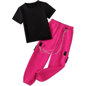 Hilinker Girl's Cute 2 Piece Outfits Basic Short Sleeve Tee and Cargo Pants Sets Workout
