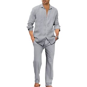 Ryannology Men 2 Piece Linen Set Outfits Drawstring Long Pants Button Down Roll Up Sleeve Shirts Beach Wedding Suit Sets