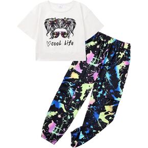 Girls 2 Piece Outfits Kids Cute Cool Girl Short Sleeve Crop Tops + Camo Pants Girls Summer Clothing Sets 7-14T