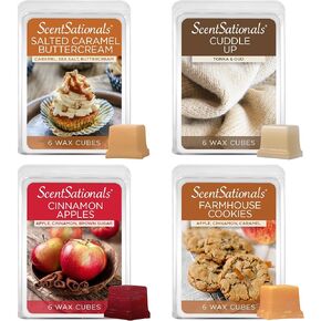 ScentSationals Wax Melts Home Sweet Home 4pk – Long-Lasting, Strong-Scented Wax Cubes for Warmers, Includes Cuddle Up, Cinnamon Apples, Salted Caramel Butter Cream & Farmhouse Cookies, 10oz (24 cubes)