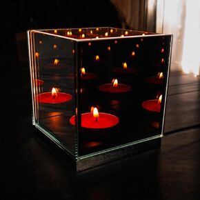 Infinity Mirror Tea Light Candle Holder 5 Slot with Electric Flameless Compatible Design - Glass Reflective Centerpiece with Wooden Base for Events & Weddings - Decorative Votive Light Box