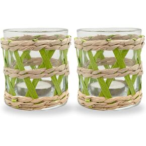 Rattan Woven Tea Light Candle Holder Set of 2 - Natural Seagrass Hand Woven Votive Tealight Candle Holder, Decorative Coastal Boho Beach House Votive Tealight Candle Holder for Dining Table Kitchen