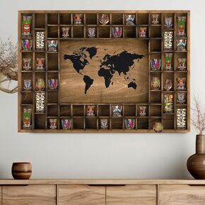 World Map 68 Slots Shot Glass Display 39 x 28'' Large Rustic Brown Wood Shot Glass Holder 7 Size Organizer Wall Mount Pint Storage Shadow Cabinet