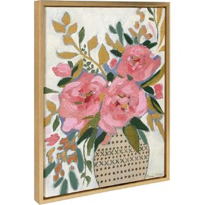 Kate and Laurel Sylvie Three Pink Peonies Framed Canvas Wall Art by Mackenzie Nelson, 18x24 Bright Gold, Colorful Flower Art for Wall
